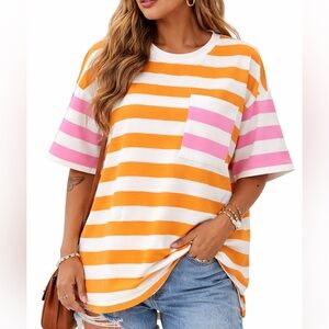 Women’s Oversized Striped Tee Colorblock Pocket T-Shirt Orange Pink 2XL